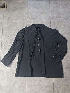 DKNY Blouse Silk Blend Bow Tie Neck Black 12 Top